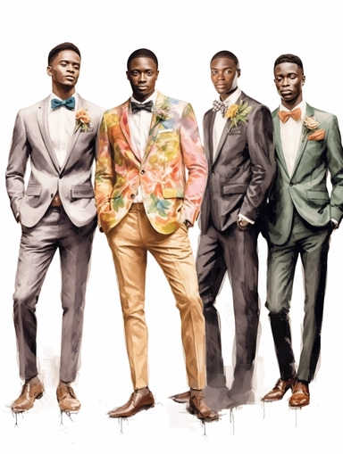 full body watercolor African groom with groomsmen clipart, hd