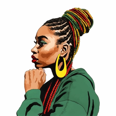 a black woman with braids and beads, green, yellow and red beads, with shades on, juneteeth art, sideview, watercolor clipart