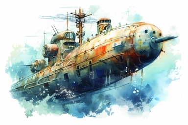 Watercolor, Attack Submarine, clipart, hd, on a white background, spaced out