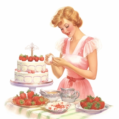 vintage style a beautiful woman preparing strawberry cake on kitchen counter clipart, strawberry cake, strawberries, vibrant colors, 1960, vintage, watercolor, realistic drawing in storybook illustration, pencil drawing by Angela Barrett, Elsa Beskow, hand fix, highly detailed, high resolution, 8K, white background