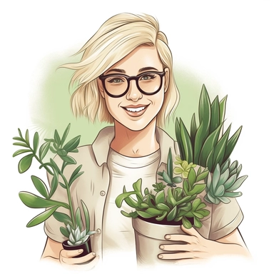 A HAPPY Young Woman WITH GLASSES AND blond hair Holding PLANTS Clipart in the style of hand-drawn, clean lines on a white background