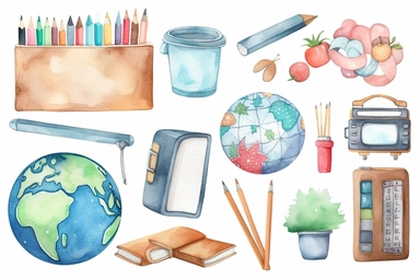 minimalistic clipart set access back to school watercolor clipart, globe, Cute kawaii sticker