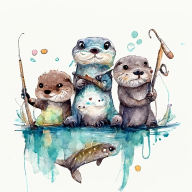 funny otter family going fishing big fish, CLIPART, watercolor, ink, ultra-detailed, bright pastel colors, cartoon style, white background, black outside lines –testp,