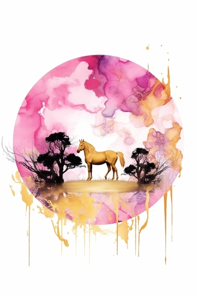 beautiful gorgeous alcohol ink of gold serene nature scene with a central focus on a pink horse , minimalist style, crystals, glam, glossy, glitter texture, liquid ink clipart, modern and stylish design, bright colors, 300 dpi, clear decoration, clear white background, highly detailed digital art, 8k
