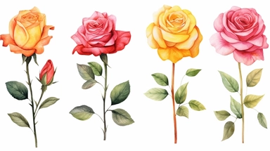 Watercolor rose flowers clipart. Hand painted Botanical illustration isolated on white background. Red, yellow, blush, pink garden roses set.