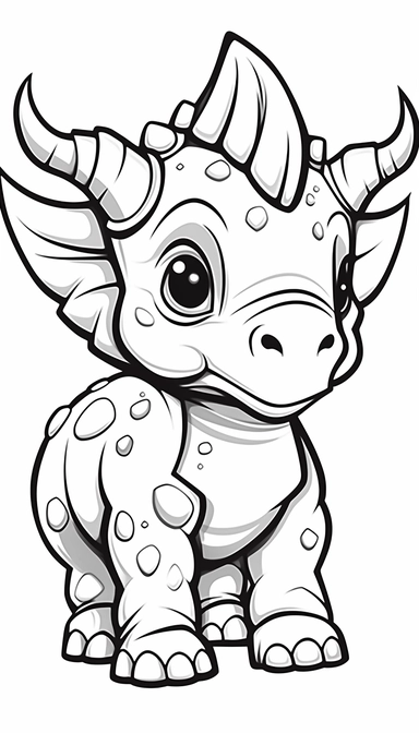 Triceratops, that is clean and simple on a white background, in 2d clipart vector style for adobe illustrator, should express a comic and a cartoon style look, cute and funny, the outer border width must be 4mm, it must be suitable for a coloring book, smooth lines, show full animal with its all body parts in vitali-iakovlev style, single image per page, image should be inside the page, image should not touch the edges of the page