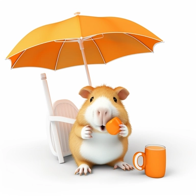 hyper-detailed clipart illustration of a happy Guinea Pig, sitting on a beach chair, wearing sunglasses and sipping a cold drink with a funny hat and a tiny paper umbrella, extreme close-up view, isolated on white background with margins, Studio Ghibli-style,