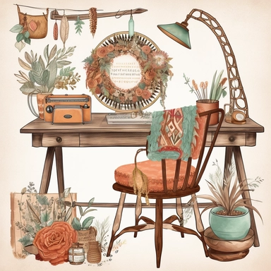 cozy boho desk, inside border clipart