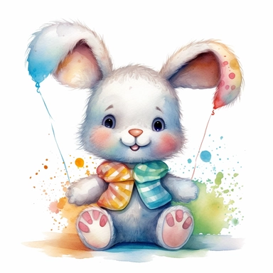 a captivating watercolor clipart image with a white background and white margins, featuring a cute sweet extremely happy stuffed rabbit toy. The ultra-detailed, hand-drawn elements capture the details. Use vibrant shades of various colors to create a visually appealing image