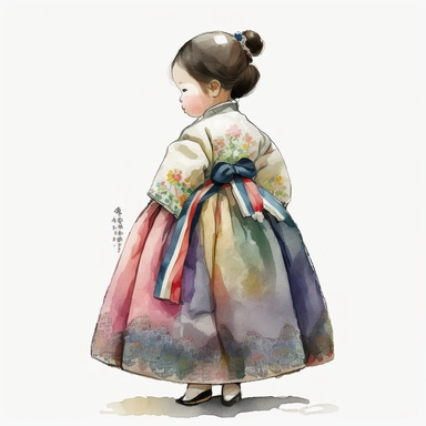 a cute little girl is wearing Korea traditional dress Hanbok. watercolor clipart, the skirt layers are designed to create a full and flowing silhouette, rainbow color jacket, The jacket worn by women in the royal family has long sleeves that are wide and 