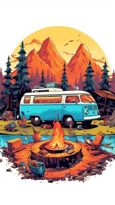 clip art, vector, colourful , camping, outdoors, camp fire , van life
