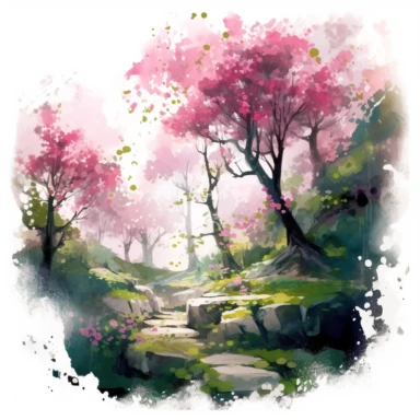 Mesmerizing watercolor illustration of pink flowers blooming in a mystical forest, portrayed from a top-down angle, with the dappled sunlight filtering through the trees, adding a touch of magic and enchantment to the composition, clipart on a clean white background.
