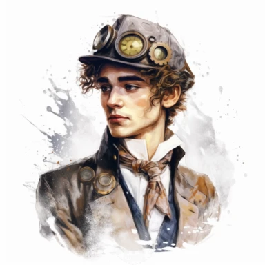 beautiful stunning handsome steampunk young man, paint art style, clipart, white background, superrealistic, one of a kind