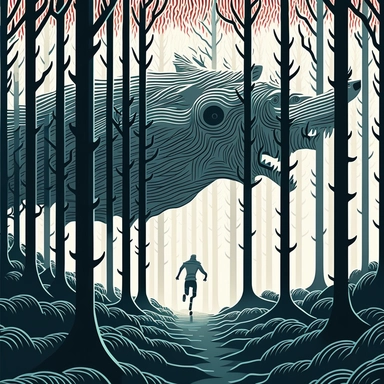 in the style of John Kenn Mortensen, trail runner with wolf head, through white birch forest, chased by monsters, ghosts, animals, spooky, colorful, white background, magical, fantasy, vector, clipart, elaborate, ultra-detailed, best quality, well composed, vibrant color tone, trending on artstation, elaborate, cinematic lighting, vibrant colors, high definition