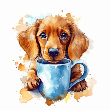 cute puppy holding coffee cup drawn in watercolor, vector design, cutout,Sublimation Clipart ,Cartoon,hyper realistic, intricate detail, illustration style,high solution,on the white background
