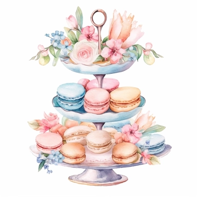 Clipart, Watercolor, Blush Floral Shabby Chic Tier Candy Tray with Sweets, Macarrons, Cakes and Cupcakes, light colors, hand-draw, texture