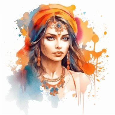 watercolor boho indian beautiful woman clipart, hd, on white background, spaced out