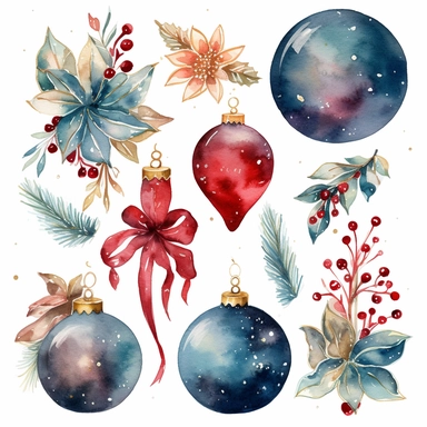 Design a collection of watercolor clipart images featuring elegant Christmas motifs such as snowflakes, stars, and ornaments. The images should have a sophisticated, upscale feel with clear lines and rich, luxurious hues. The clipart should be suitable for use in upscale holiday party invitations and other similar projects