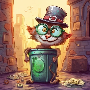 COMIC/CARTOON wacky funky tom cat standing in an alley next to the trash can,large eyeglasses, hats, muted colors, swirls, twists, twirls, metallic, glitter, stylized, funny, centered, airbrushed, digital oil, detailed illustration, clip art, cartoon, 8k, ar 9:8