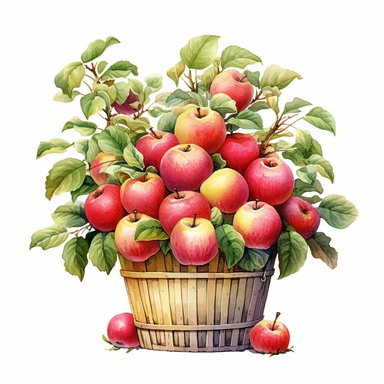 watercolor apple plant clipart, Depict a mature apples plant with ripe fruits ready for picking. Show baskets or bowls filled with plump apples alongside the plant , white background, realistic with high details, beautifully colored with strong palette pastel colors, 32k hd