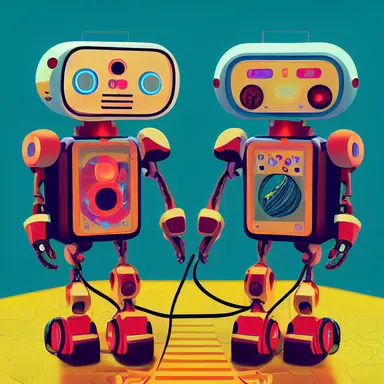 a virtual world full of heartfelt robots that encourage each other, play games with each other, create beautiful clipart together in a pop art style