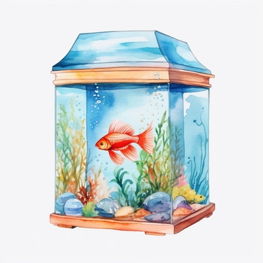 Watercolor fish tank clipart, white isolated background, space out, hd