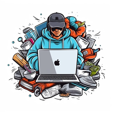 A clipart style representation of a company that uses laptops, computers, notepads, business tools, etc., T-shirt design graphic, vector, contour, white background