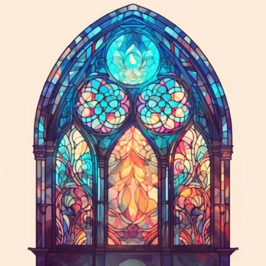 an intricate stained glass window design clipart, in the style of pastel gothic, #screenshotsaturday, reimagined religious art, multiple shapes,islamic art and architecture, watercolor illustrations, no background, vibrant colors, sunshine coming in through the glass