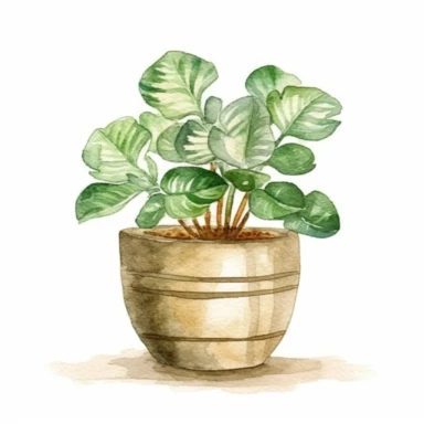 A cozy watercolor clipart image depicting a delightful house plant in a warm, earthy pot. The plant's lush green leaves and delicate flowers are painted with soft brushstrokes, creating a sense of comfort and tranquility. The pot, with its textured surface and natural hues, adds a touch of warmth and rustic charm. This inviting clipart is perfect for designs that seek to create a cozy and welcoming atmosphere, bringing the beauty of nature into any project. /clipart