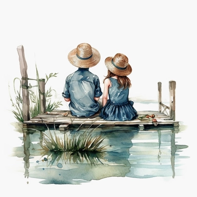 watercolor vintage a boy and girl fishing on a lakeside pier, seated side by side, back facing, girl wearing a blue dress, hair braided on both sides, boy with a straw hat on his head, green reeds around them clipart, no background, 4K