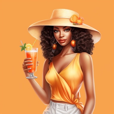 pretty black girl, Sun Straw Hat Wide Brim Summer Hat Foldable Roll up Floppy Beach Hats, pretty, holding a cocktail drink, orange outfit, 4k, hd, clipart