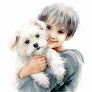 zoom in close up high detailed, Hand drawn watercolor clipart of a cute Maltese being hugged owner child, no face, on a white background,