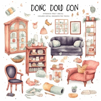 home decor items watercolor Clipart Collection, cute objects isolated on white background, high quality intricate detailed illustrations, delicate pencil texture, dotted texture, intense vivid colors, panasonic lumix s pro 50mm f/ 1. 4, rough clusters, strong use of contrast, dreamy mood