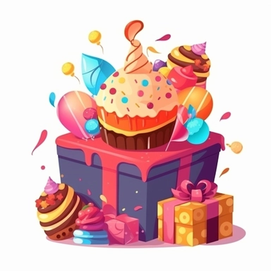Birthday Cake With Birthday Elements Like belon,Gift Box, Star, Clipart, Vector Style, Logo design, White Background