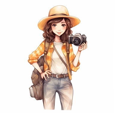 Cute adventurest female photographer with a camera, Cute and sunny outfit, Watercolor style, clipart solid white background