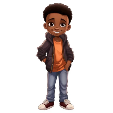 A full body illustration of a very dark-skinned boy with fresh hair cut, modern clothes, disney clipart