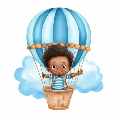 a dark-skinned baby boy newborn in a hot air balloon, infant boy smiling, afro, light blue, baby blue colors, watercolor clipart illustration