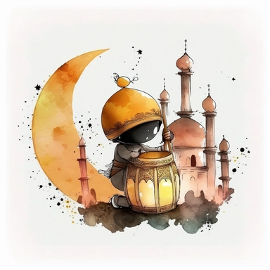 watercolor Ramadan drummer with a mosque, crescent moon, lantern brown orange yellow, isolated kawaii clipart