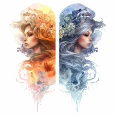 Ethereal nature elemental witches, representing (earth, fire, water and air )Clipart sheet in the style of Anna Dittmann, vivid, separated with a margin, white background