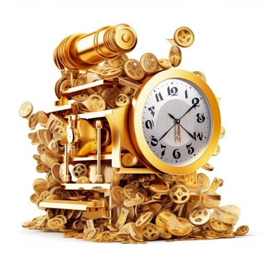 icon, clipart, money printing machine, time to money, printing machine, money generator, coins, Time-to-money converter, Transforming time into golden coins, Mechanism of turning minutes into dollars, The engine of monetary growth, white background