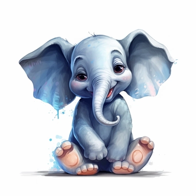 cute Elephant Clipart sitting and smiling in the style of oil painting, on a white background