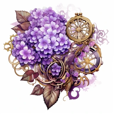 clipart white background intricate detailed steampunk lilac flower, watercolor