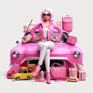 Beautiful barbie stuff, houses,cars. clothes,shoes, paint art style, detail, clipart, white background, superrealistic, one of a kind