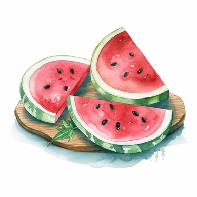 watercolour pink watermelon slices on chopping board, clipart, white background