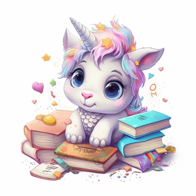 Baby cartoon Unicorn studying for school, highly detailed, anime, adorable, pastel,clipart