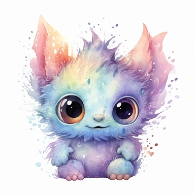 watercolour illustration, cute baby monster, big eyes, smiling, pastel, pale colourful, aquarrellist, clipart, isolated, white background,
