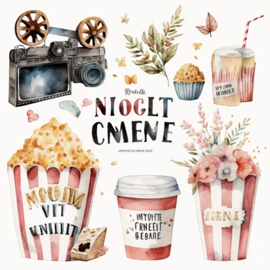 watercolor Movie night clipart set in white background