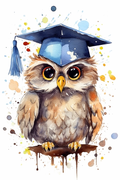 Create a watercolor clipart picture of a cute and happy owl wearing a graduation cap. The owl should have an adorable and delighted expression, with its feathers depicted in soft watercolor textures. The graduation cap should be adorned with a tassel and placed on the owl’s head. Surround the owl with celebratory elements such as confetti, balloons, and diplomas.