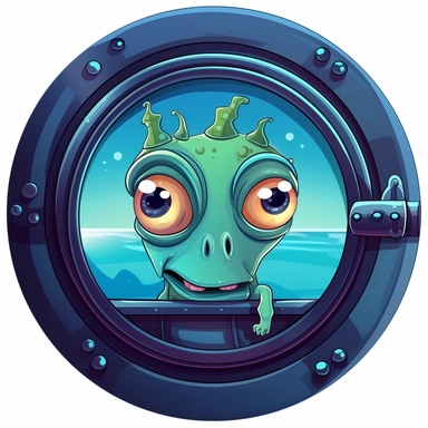funny cartoon alien looking out a porthole of a ship, clip art style