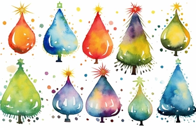 christmas tree and ornaments clipart graphics, in the style of whimsical watercolor, ornamental